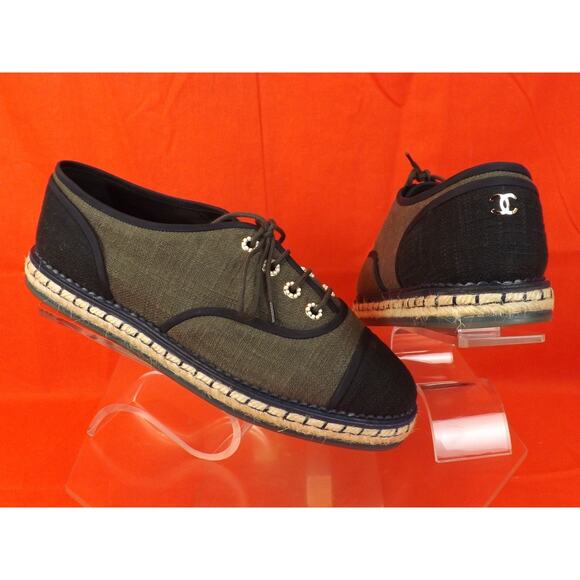 NIB CHANEL G31345 GREEN BLACK CANVAS PEARLS CC ESPADRILLE OXFORDS FLAT 39 - Picture 11 of 12